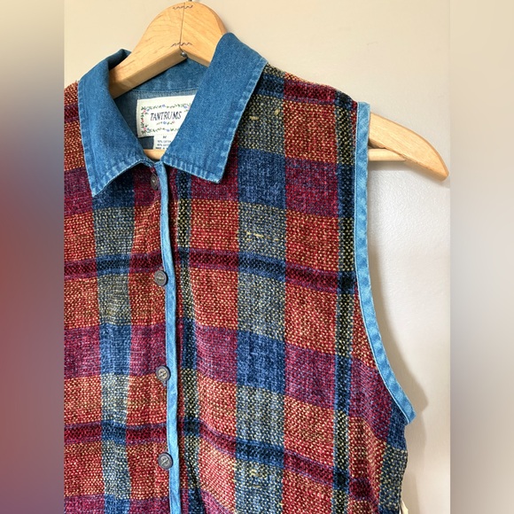 Vintage TANTRUMS 90s button-up vest plaid tapestry chambray NWT sz M cottagecore - Picture 12 of 13
